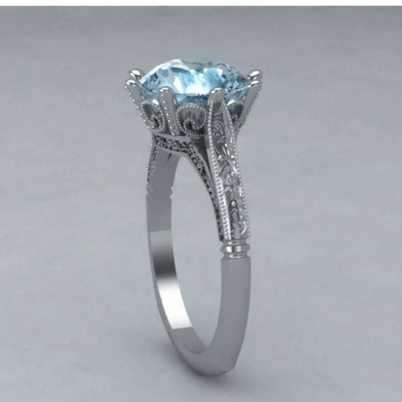 Round Cut Aquamarine  Romantic 925 Silver Rings - Picture 4 of 5